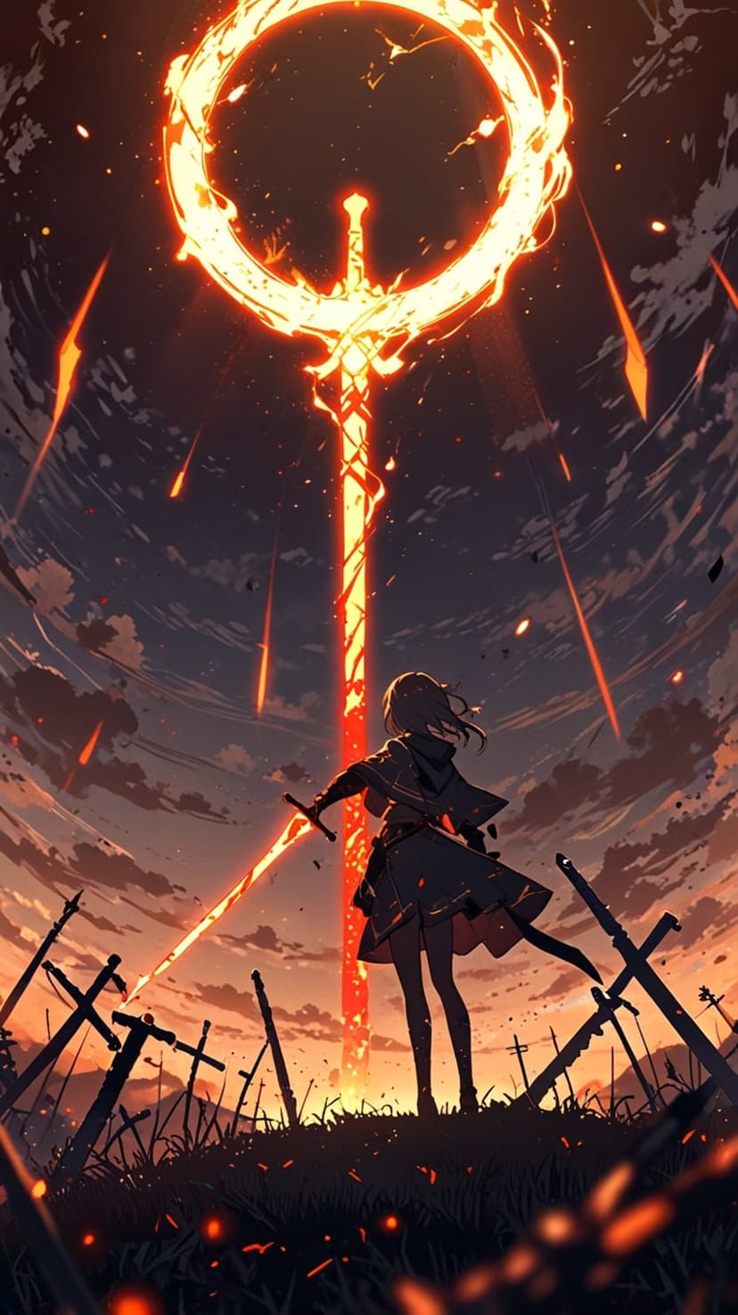 Warrior looking up at a giant flaming sword inside a fire ring on a battlefield under a dark stormy sky.