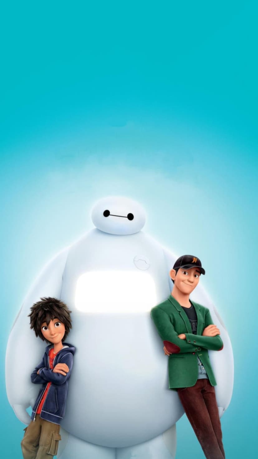 Hiro Hamada, the robot Baymax, and Fred pose together against a vibrant blue and cyan gradient background.