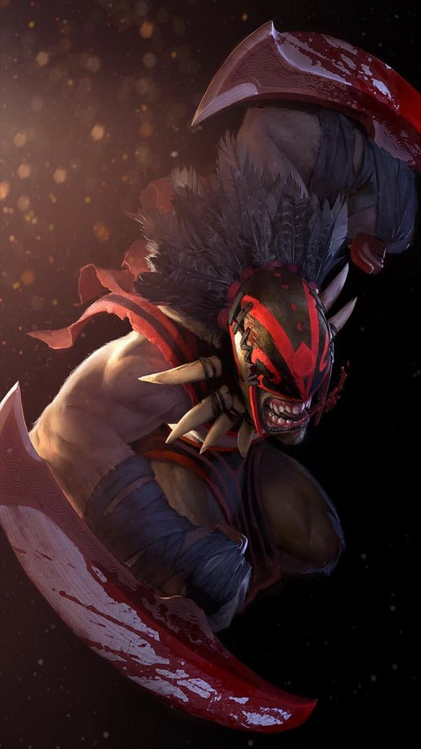 Tribal warrior with a red-striped mask and dark feathers holding bloodied curved blades in a dynamic pose.