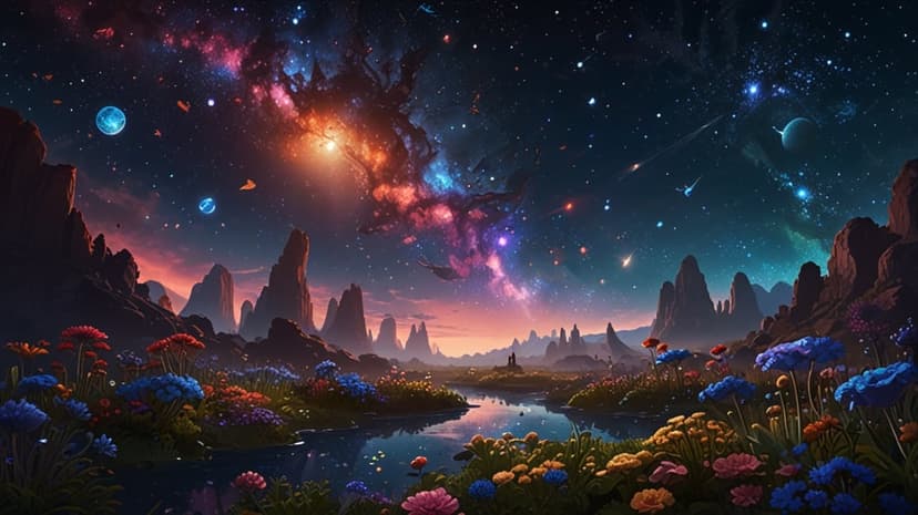 Bioluminescent alien flowers and stone spires reflect in a calm lake under a swirling purple cosmic nebula.