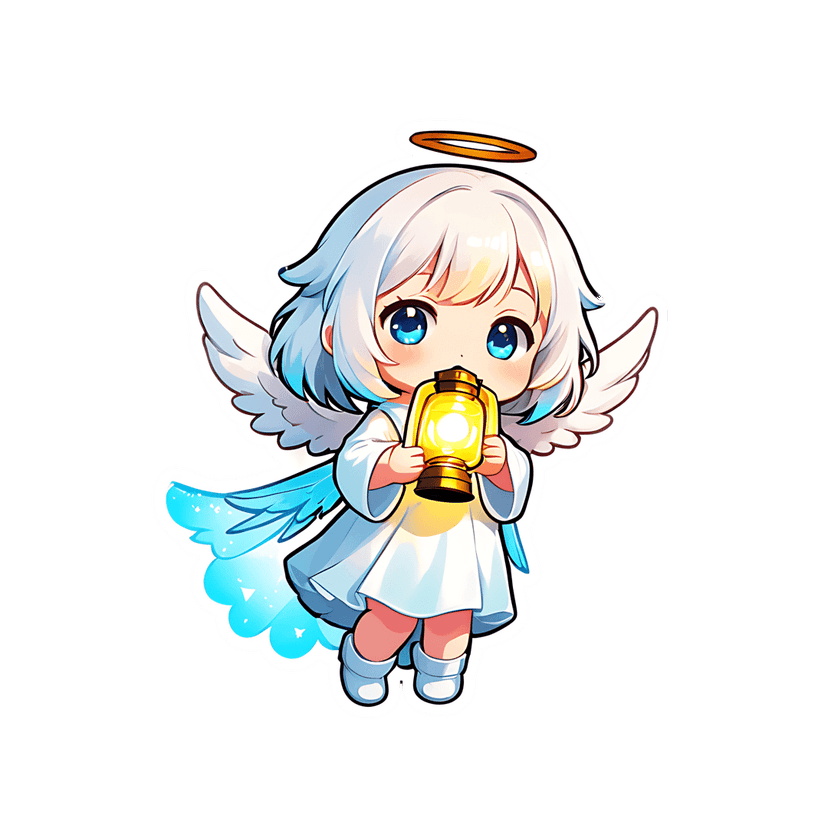 Chibi angel holding a glowing lantern with large blue eyes, white hair, and blue-tipped wings on white background.