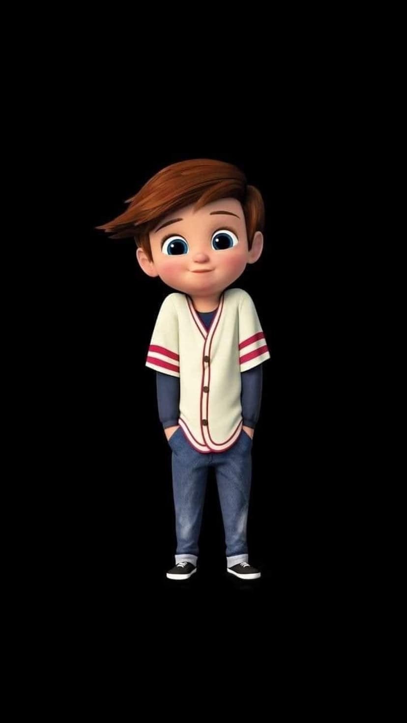Young boy character with blue eyes wearing a varsity jacket and jeans, standing against a solid black background.