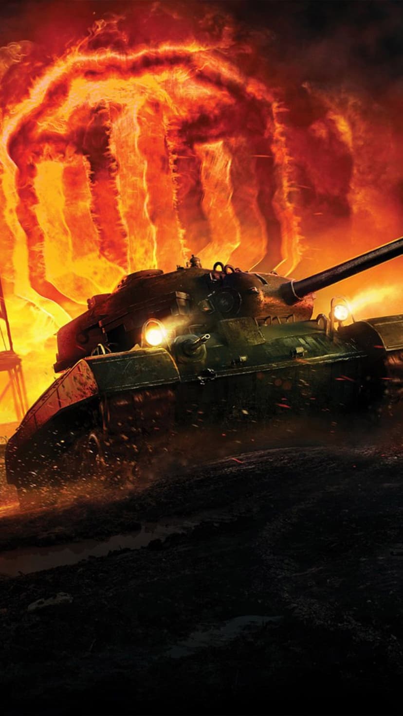 Heavy armored tank emerging from a massive fire explosion with bright headlights on a dark muddy battlefield.