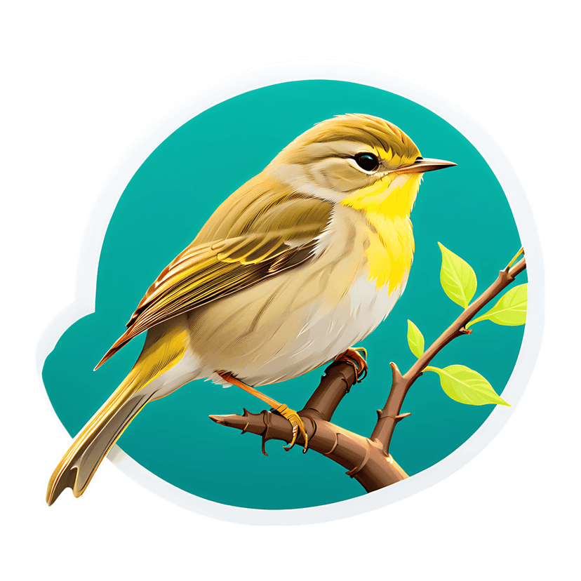 Yellow bird sticker illustration perched on a wooden branch with green leaves against a teal circular backdrop.