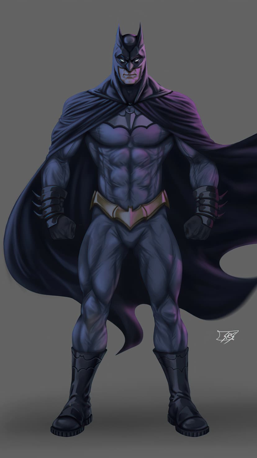Batman in a muscular tactical suit stands with a flowing cape and visible bat symbol under dramatic lighting.