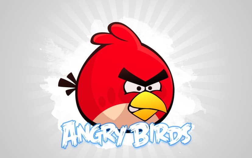 Red bird with thick black eyebrows and yellow beak centered on a gray radial burst background with text.