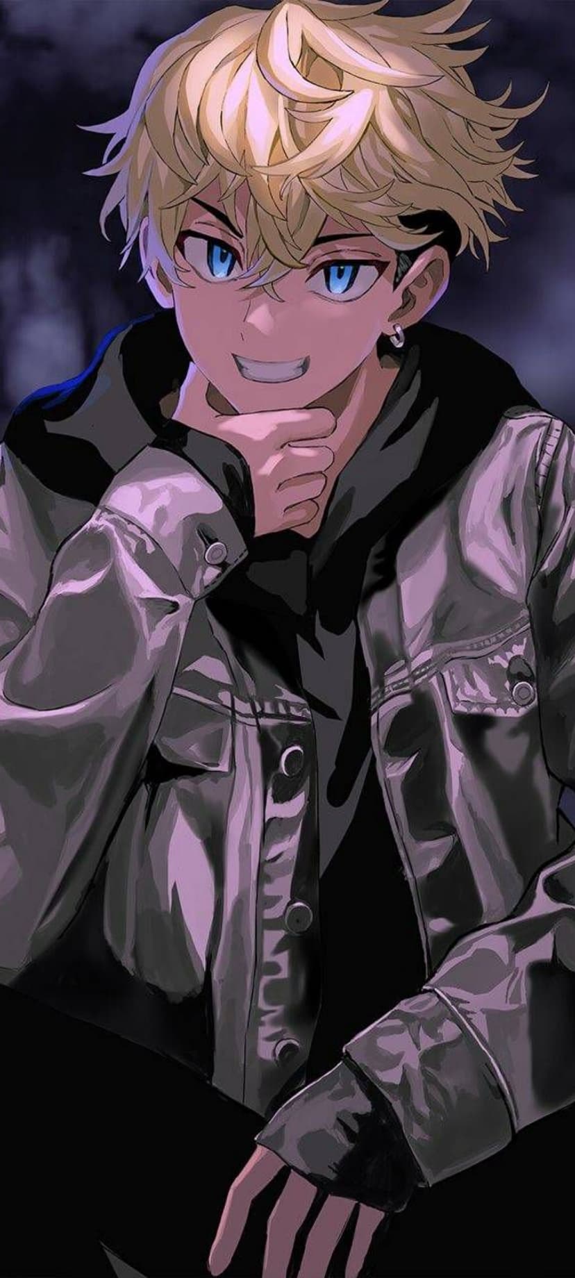 Blonde anime boy with blue eyes smirking and resting his chin on his hand while wearing a dark grey jacket.