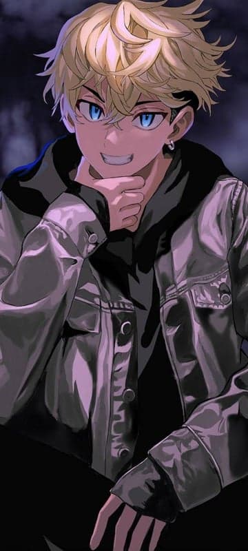 Anime boy with blonde hair and blue eyes wearing a jacket