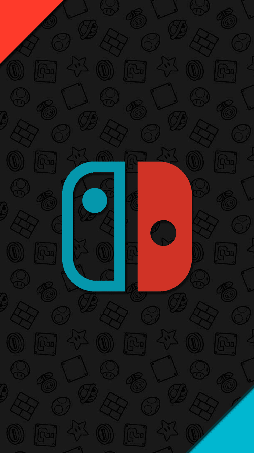 Nintendo Switch logo in red and blue centered on a black background featuring faint Mario icons and textures.