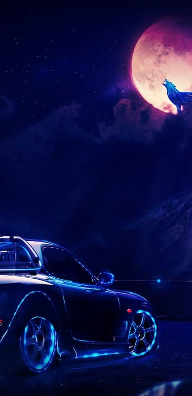 Neon Blue Wolf and Cyberpunk Car Night Sky Phone Wallpaper