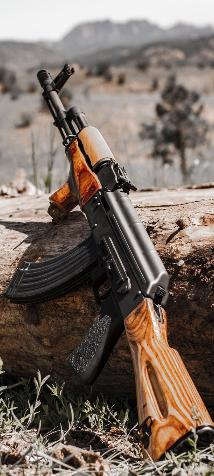 AK-47 rifle with wood furniture sits on a weathered log against a backdrop of arid hills and a bright sky.