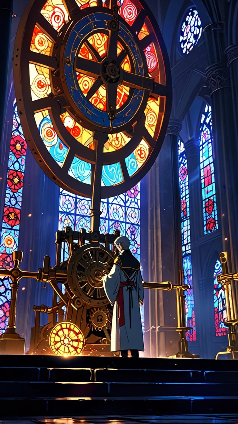 Monk in white robes standing by a giant brass astrolabe in a cathedral with colorful stained glass light.