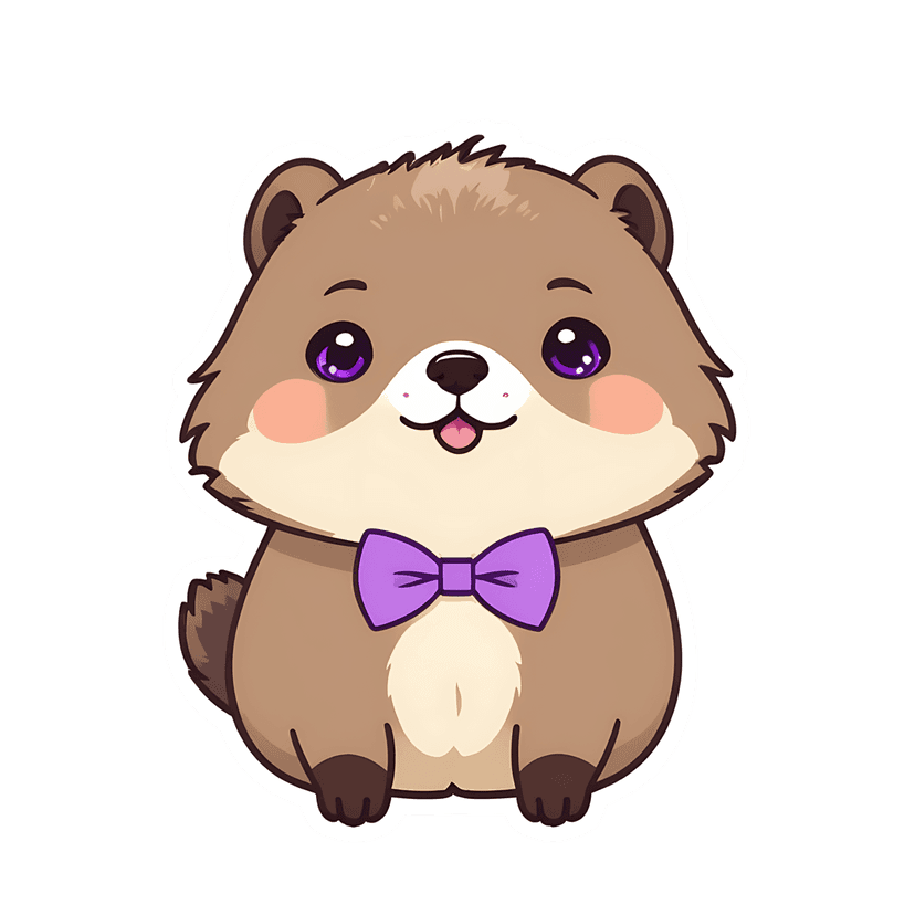 Brown groundhog sticker with purple bow tie and glossy eyes sitting in front view on a black background.