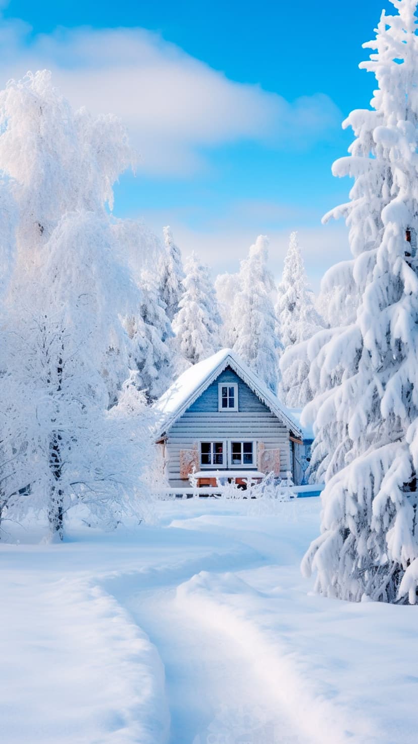 Log cabin nestled in a snowy evergreen forest with a clear blue sky and a fresh snow path in the foreground.