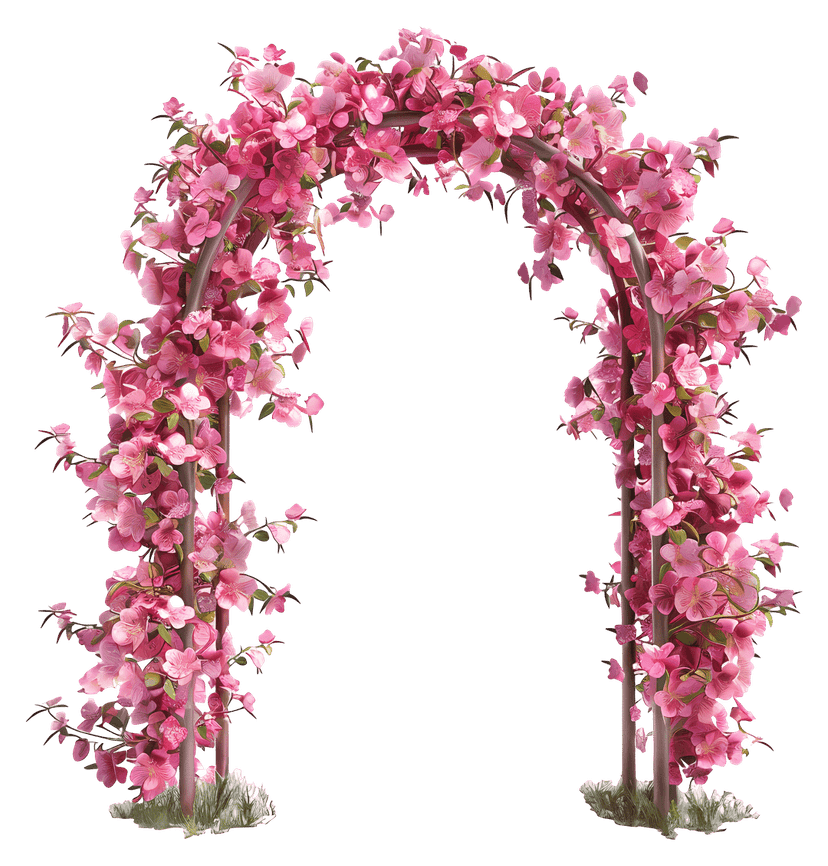 Pink blossom archway featuring detailed floral petals and green leaves arranged in a curved garden structure.