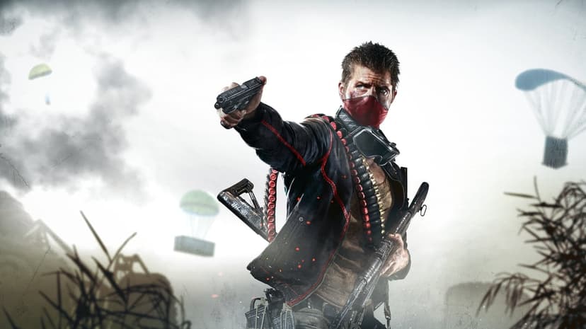 Survivor in a red mask holds a handgun and shotgun against a backdrop of parachuting supply crates.