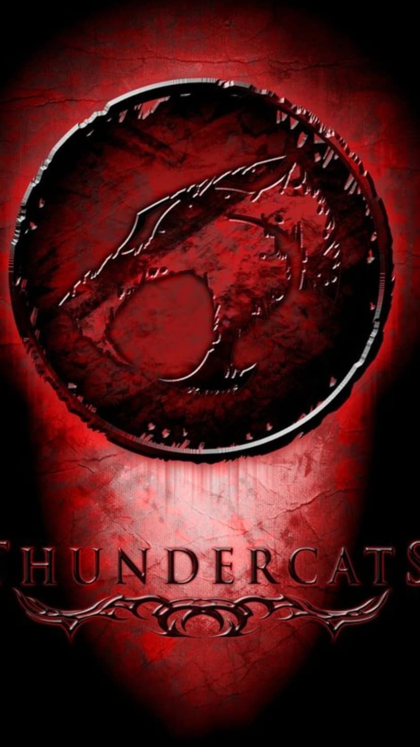 Thundercats feline logo with a distressed red paint texture centered on a dark vertical background with text.