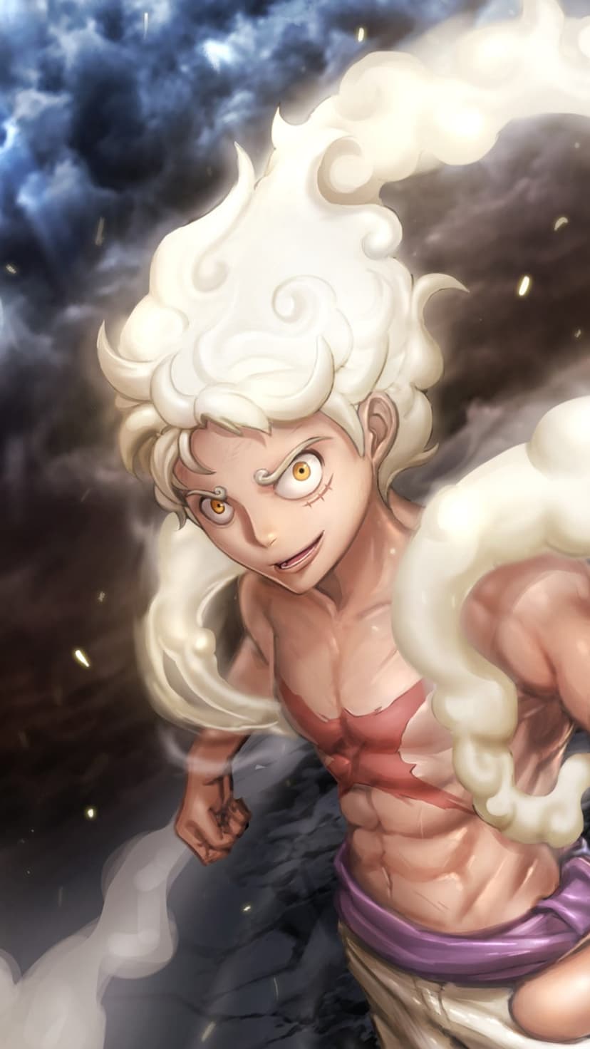 Luffy Gear 5 with glowing yellow eyes and flowing white hair stands against a dark stormy sky background.