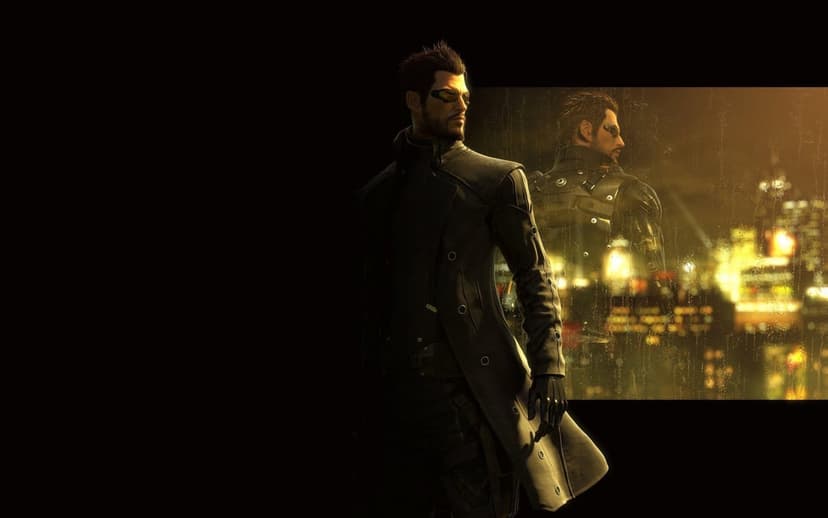 Adam Jensen in a black trench coat stands before a rainy window overlooking a golden night city skyline.
