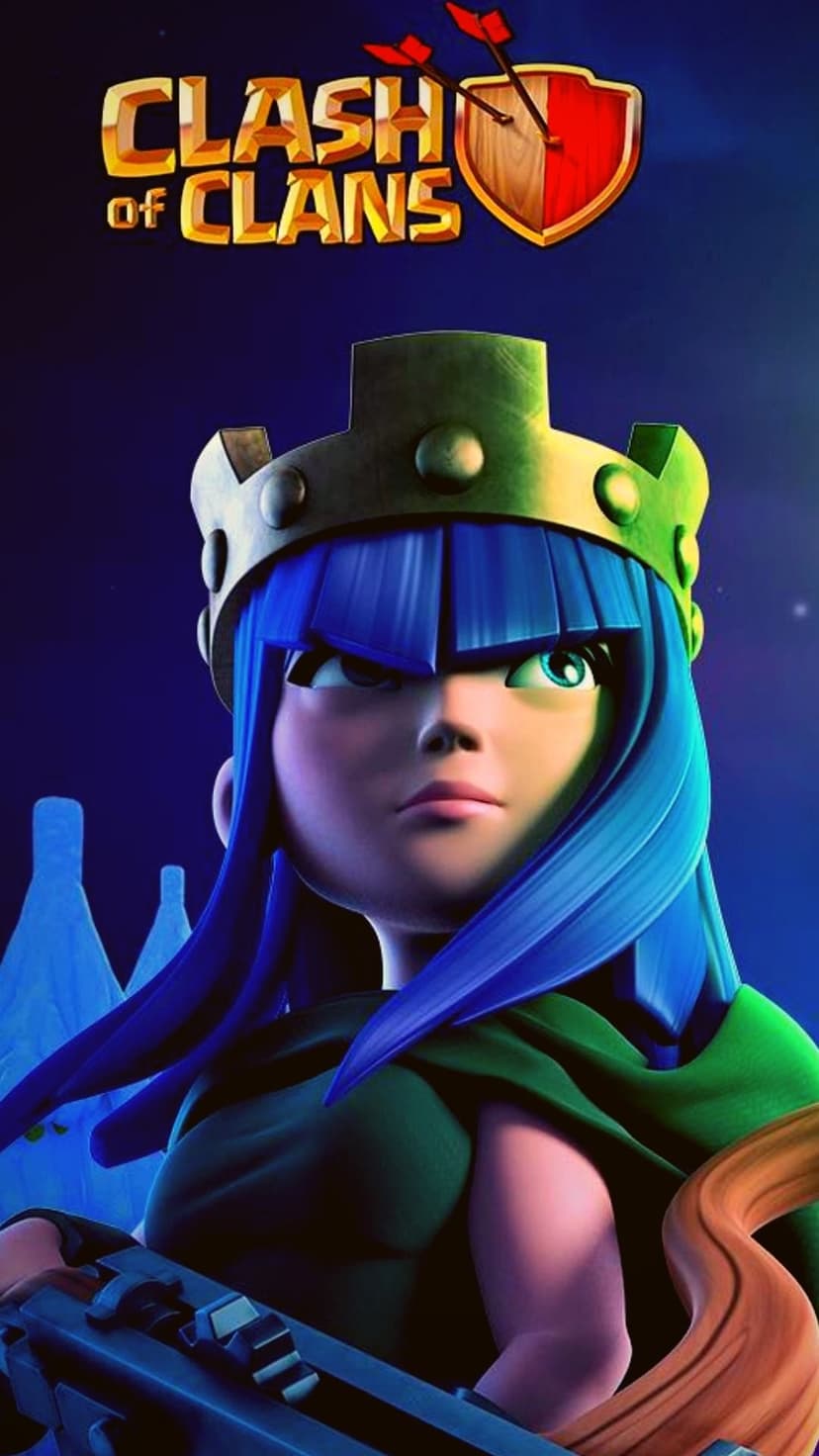 Archer Queen with blue hair and a green crown looks off-camera against a dark blue atmospheric background.