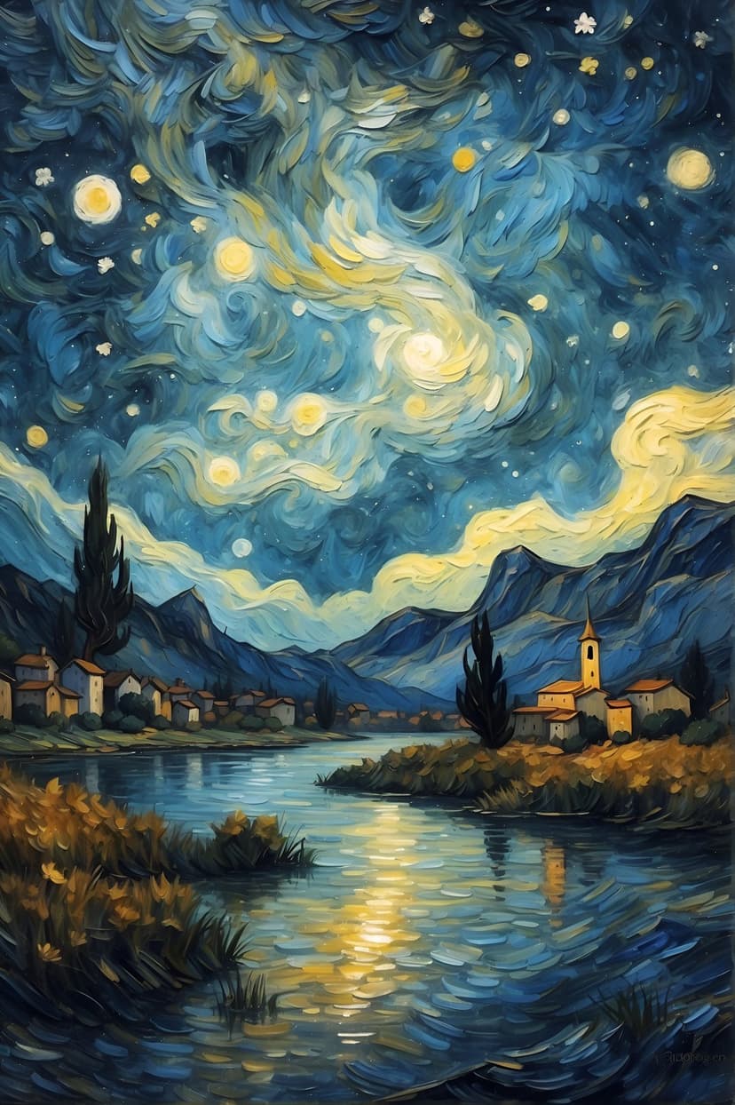 Swirling yellow stars shine in a deep blue sky above a quiet river village and dark mountain silhouettes.
