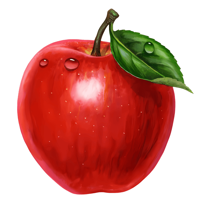Red apple PNG with green leaf and clear water droplets showing realistic skin texture and glossy highlights.