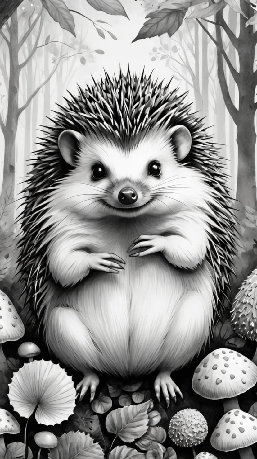 Hedgehog with textured quills sitting beside tall mushrooms and fallen leaves on a detailed forest floor.