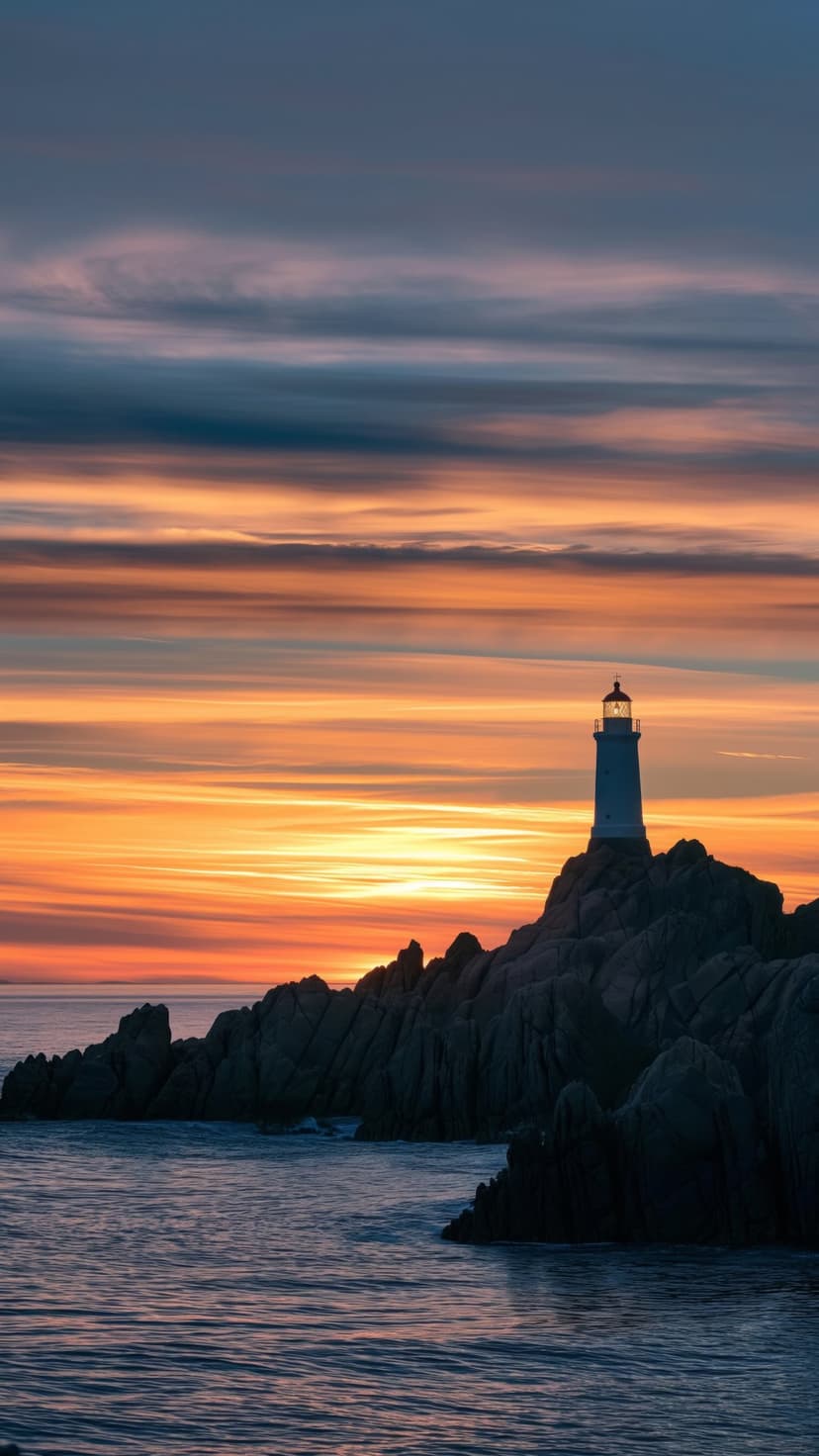 White lighthouse on a jagged cliff overlooking an orange sunset sky and calm ocean during the golden hour.