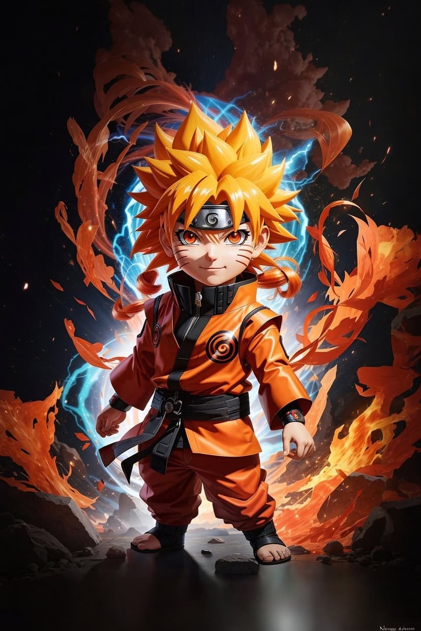 Naruto Uzumaki holds a blue energy sphere while surrounded by orange flames and blue electric sparks.