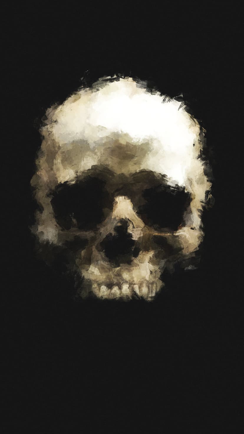Human skull with weathered earthy textures and deep black eye sockets against a dark minimalist background.