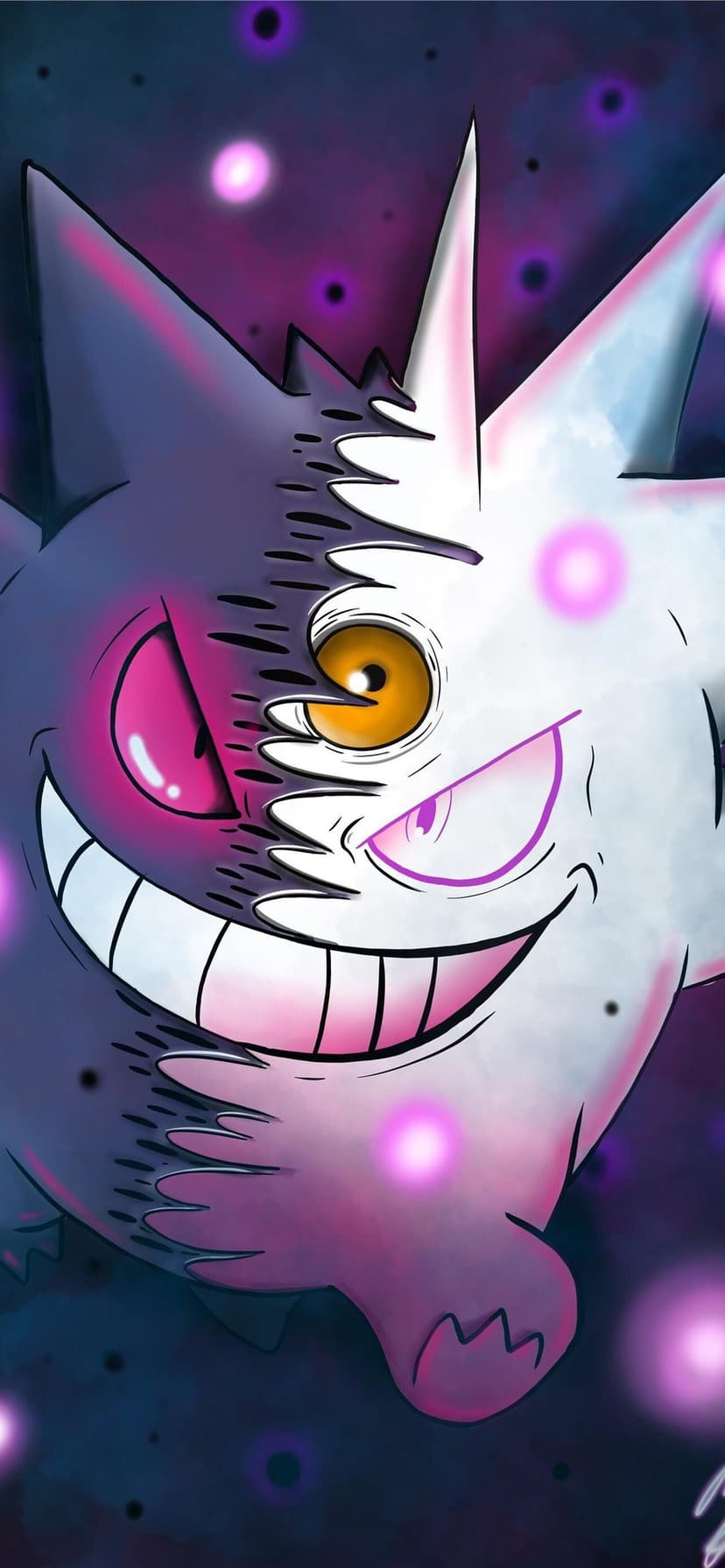 Split face of purple Gengar and white Shiny Mega Gengar with glowing eyes on a dark cosmic background.