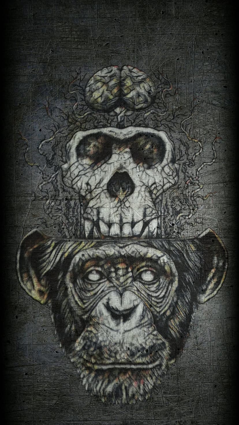 Chimpanzee head with an integrated skull and pink brain set against a dark, gritty charcoal textured surface.