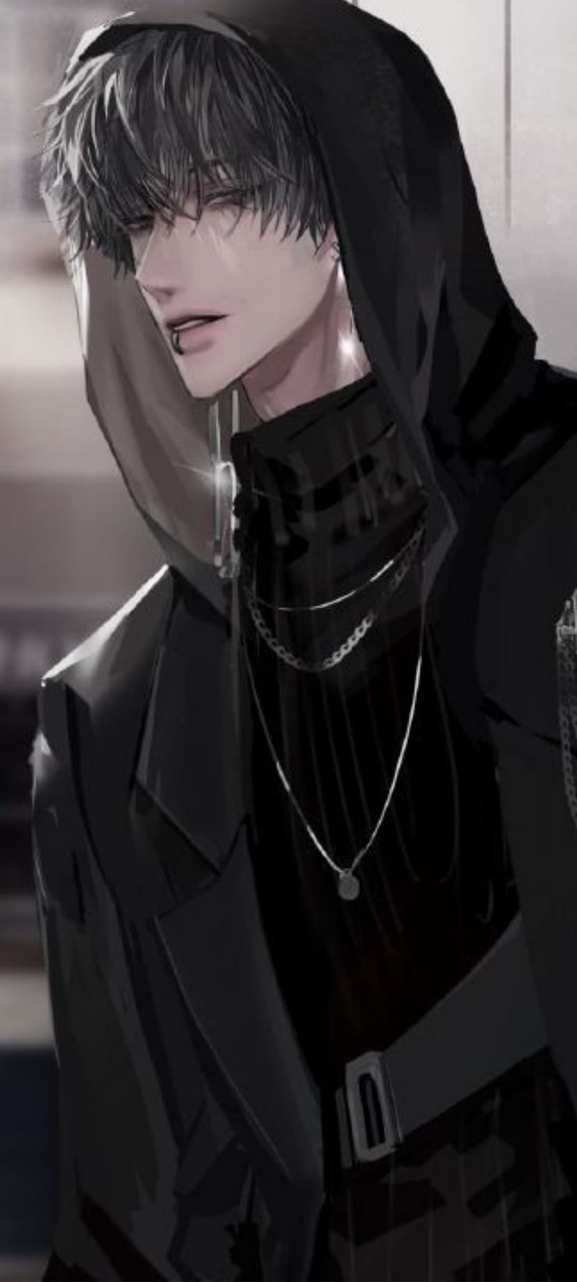 Anime man with dark hair, a lip ring, and silver necklaces looks forward while wearing a black hooded sweatshirt.