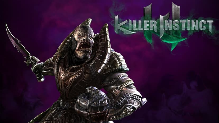 General RAAM snarling with glowing eyes and a serrated blade against a purple smoky gaming background.