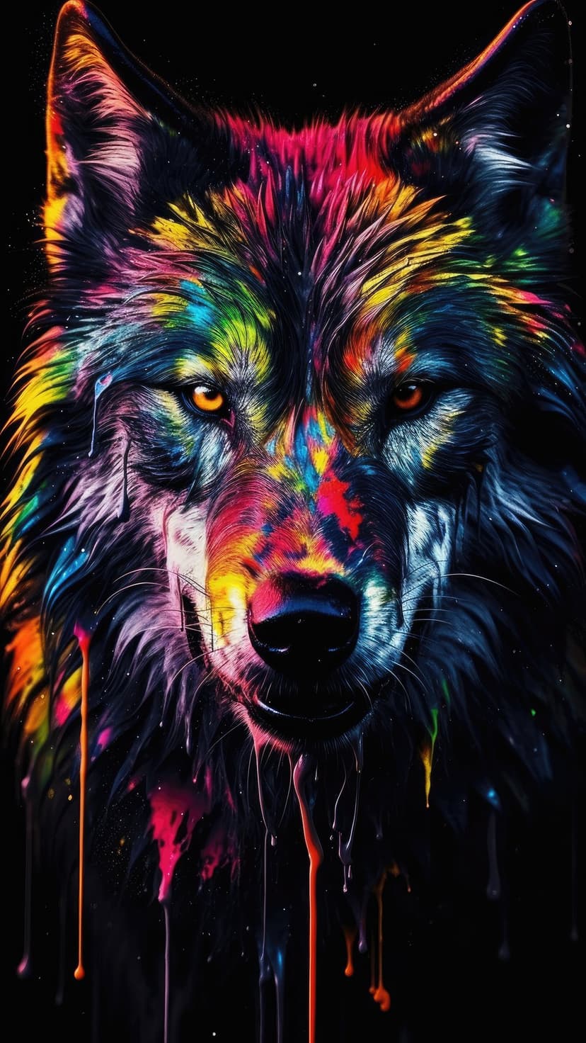 Wolf head with rainbow fur and dripping paint splatters against a black background with glowing amber eyes.