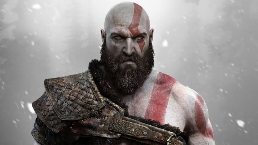 Kratos with a red face tattoo and leather armor against a blurred snowy background in a gaming portrait.