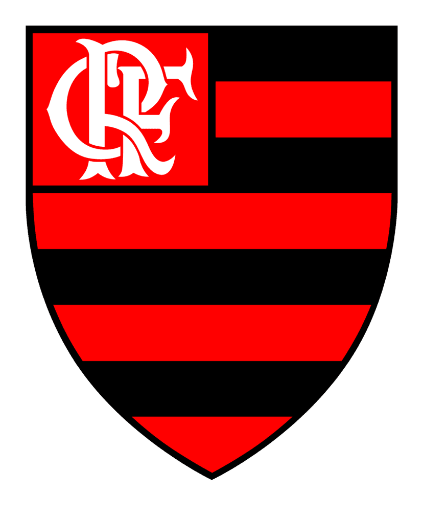 Flamengo shield emblem featuring alternating red black horizontal stripes white interlocking monogram logo.