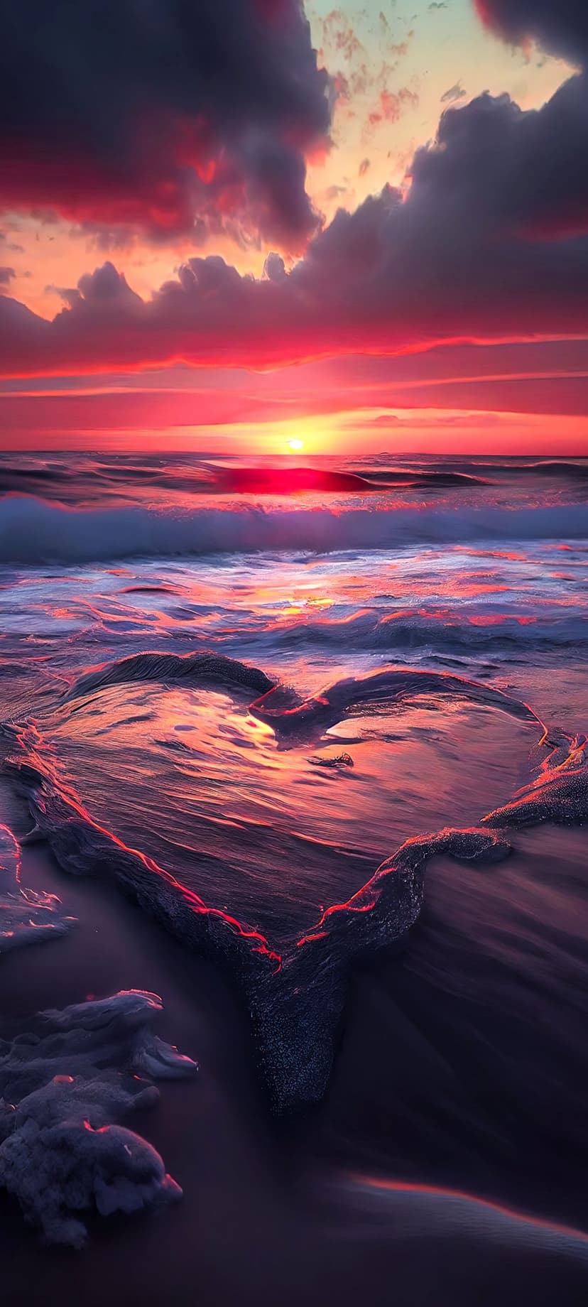 Heart-shaped ocean wave cresting on a beach at dusk with golden sunlight reflecting on the wet sand and water.