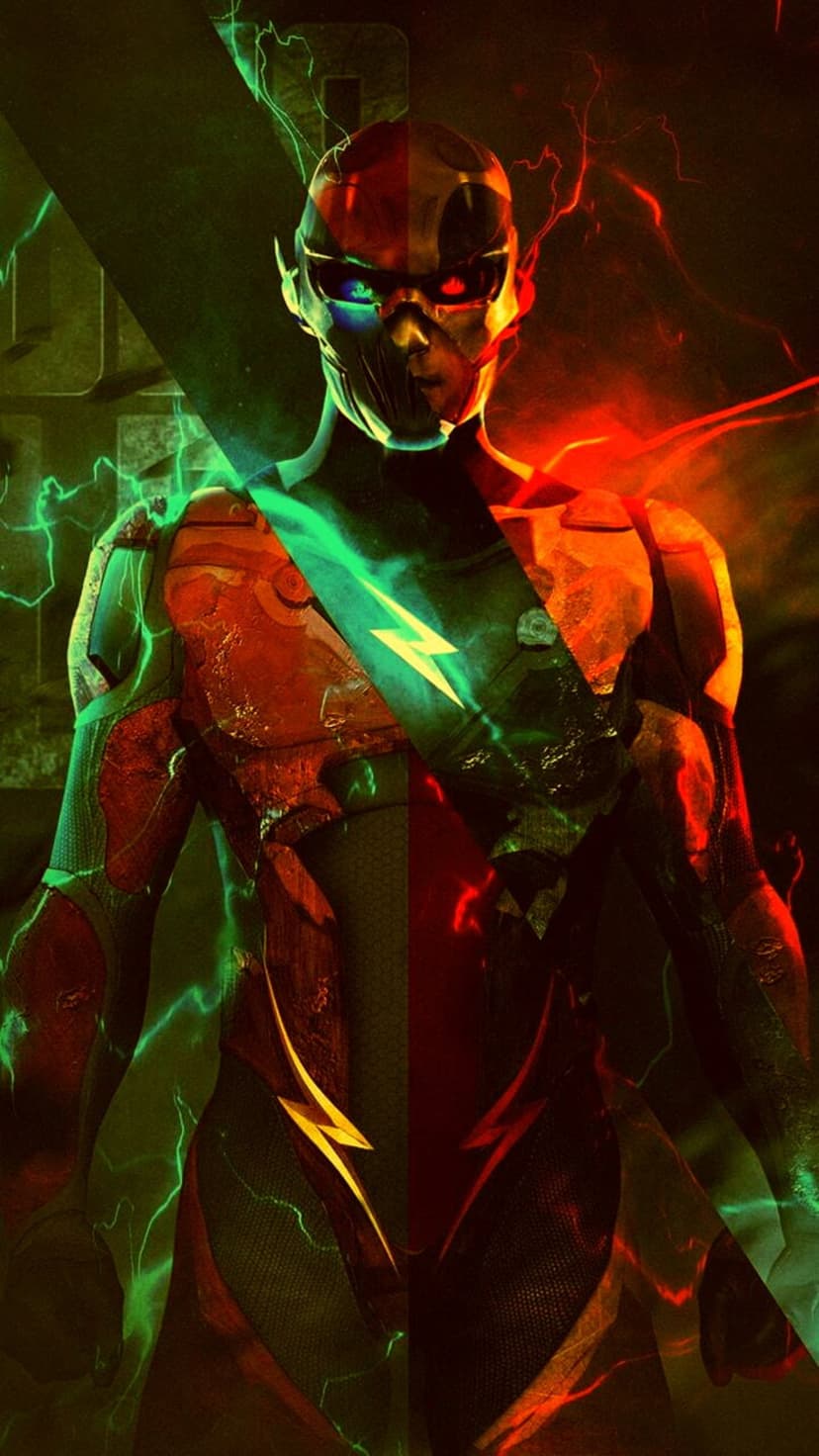 The Flash stands vertically split between red and green speed force energy with lightning arcing over his mask.