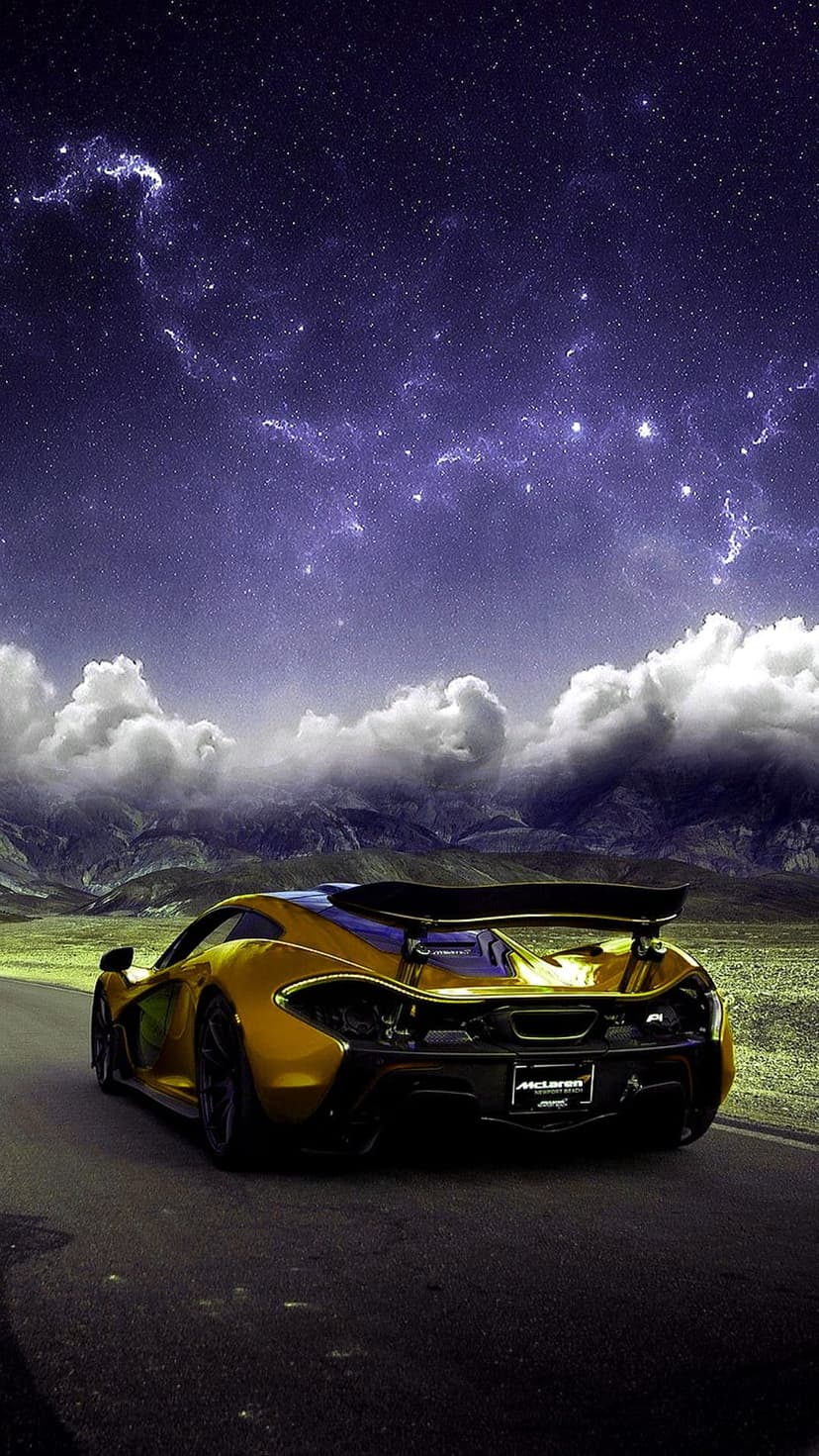 Yellow McLaren P1 supercar driving on a desert road under a purple starry night sky with mountain peaks.