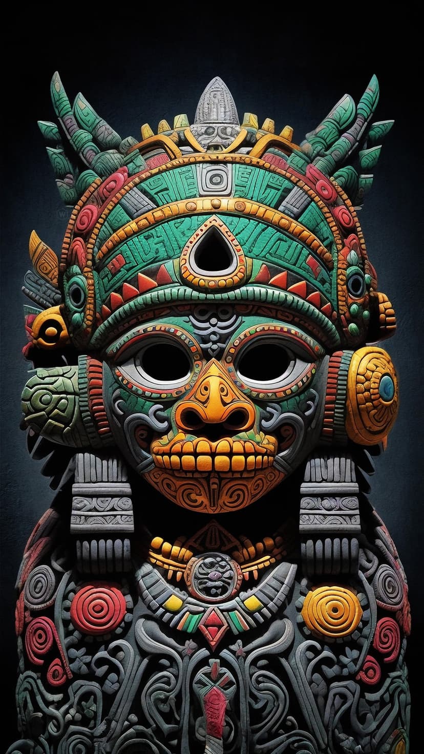 Mayan Jaguar Warrior mask with green and red carvings sits centered against a dark, minimalist background.