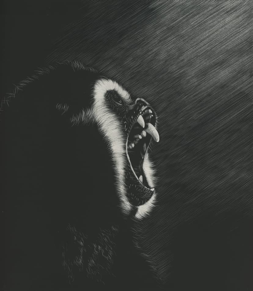 Baboon roaring with mouth wide open showing teeth and tongue in a high-contrast black and white charcoal drawing.