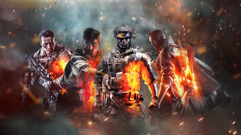 Four soldiers in tactical gear stand in a chaotic battlefield filled with orange sparks and blue smoke.