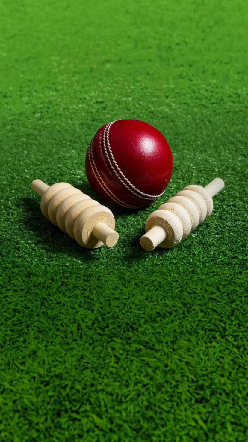 Red cricket ball and two wooden bails rest on a vibrant green grass pitch in a sharp macro composition.