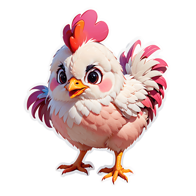 pink white chicken sticker illustration with fluffy feathers, glossy 3d texture, and orange comb on white outline.