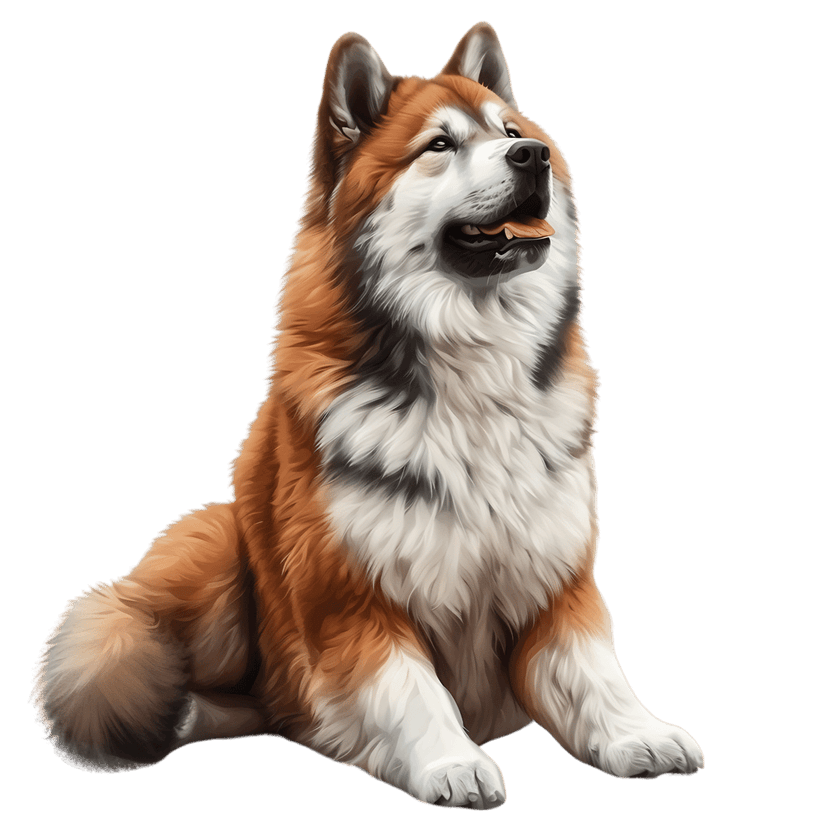 Akita Inu dog sitting upright with head tilted, showing detailed red and white fur in a digital painting style.