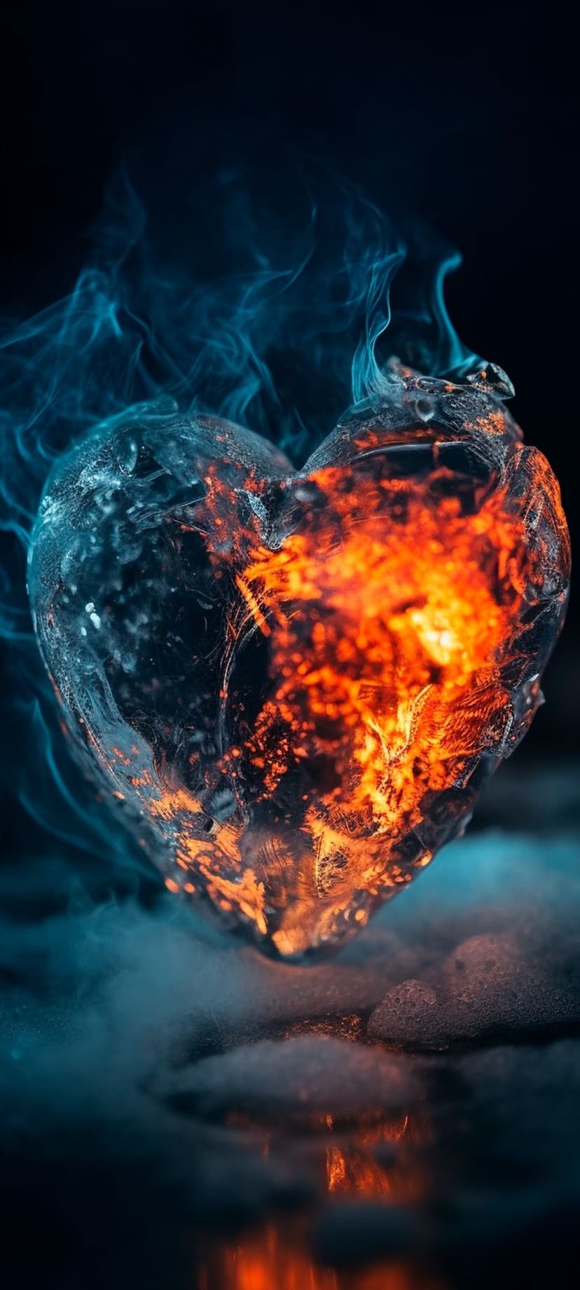 Heart-shaped ice sculpture melting in orange flames while surrounded by swirling wisps of blue smoke and mist.