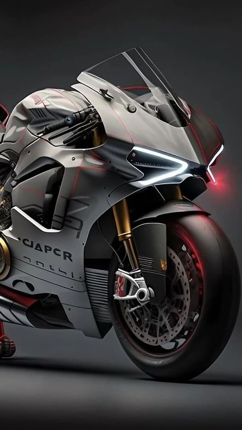 Silver futuristic motorcycle with V-shaped LED headlights, gold suspension forks, and aerodynamic fairings.