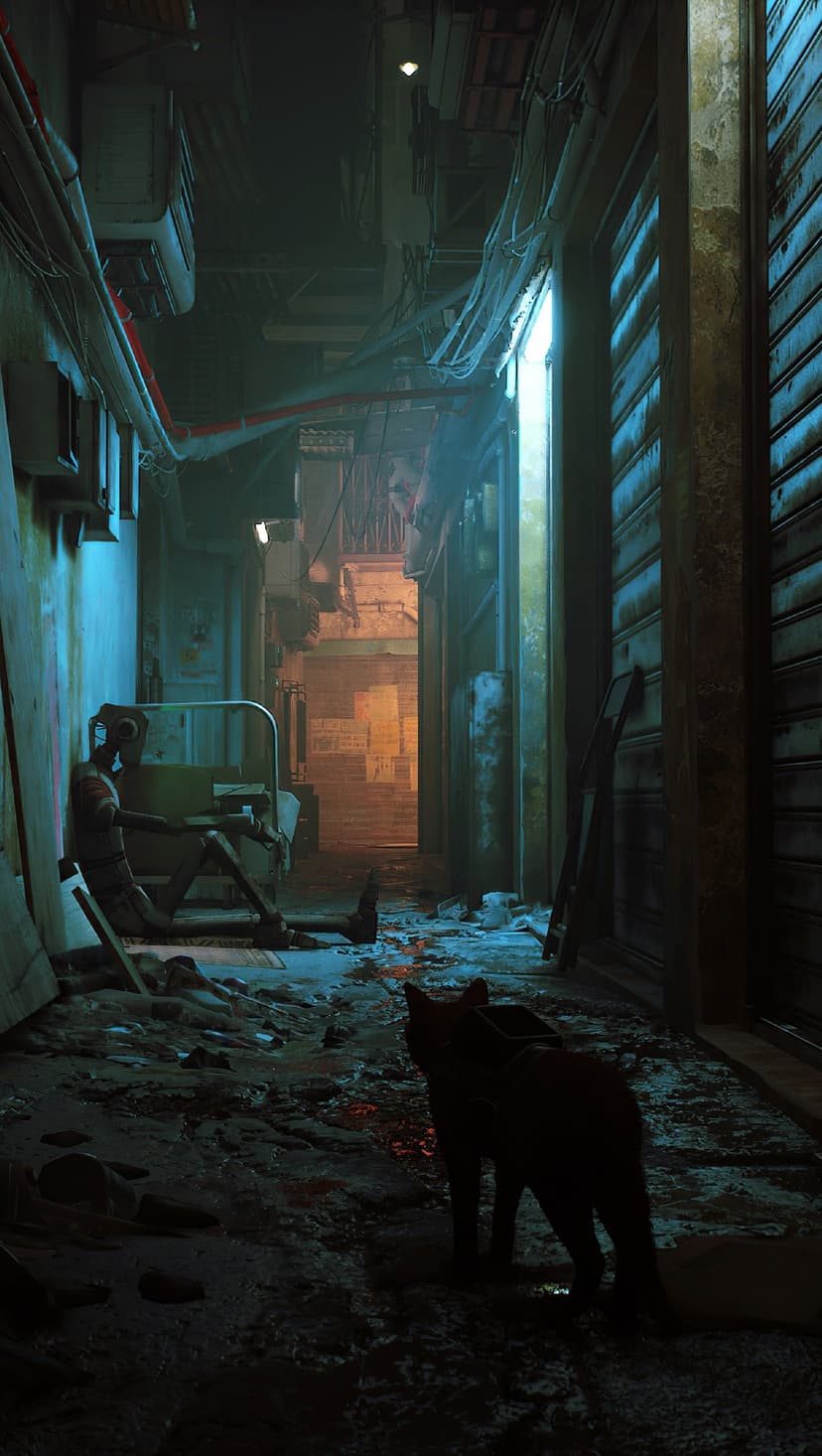 Ginger cat walking past a slumped deactivated robot in a dark alley with glowing blue and orange neon lights.