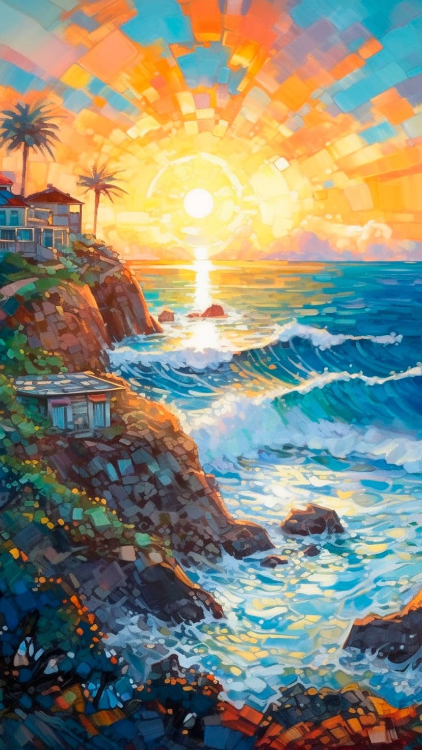 Golden sun rays break through orange clouds above a white house on a cliff with crashing blue ocean waves.